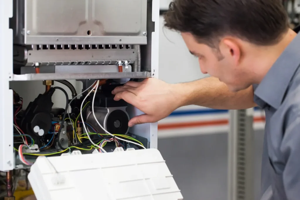 A serviceman works on the open inner components of a modern white furnace unit.