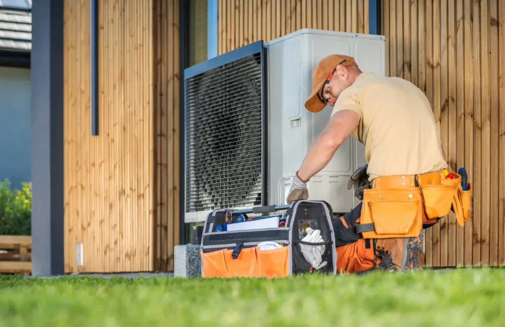 A maintenance worker with an orange tool belt and cap servicing an outdoor heat pump unit next to a modern wooden wall.
