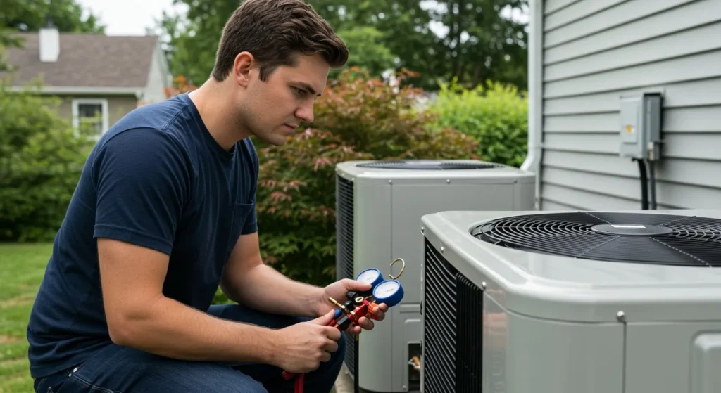 A male HVAC technician checking the refrigerant levels on an outdoor heat pump unit with a gauge manifold set.