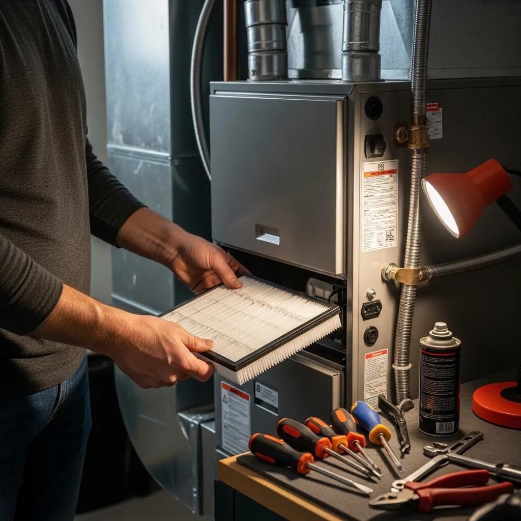 A homeowner replacing a furnace air filter — a quick winter maintenance task