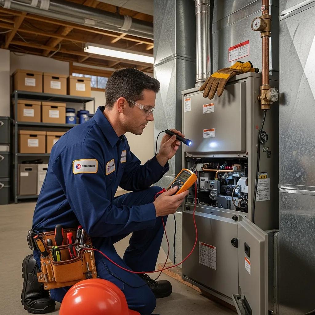 A licensed HVAC technician performing a winter tune-up on a home heating system