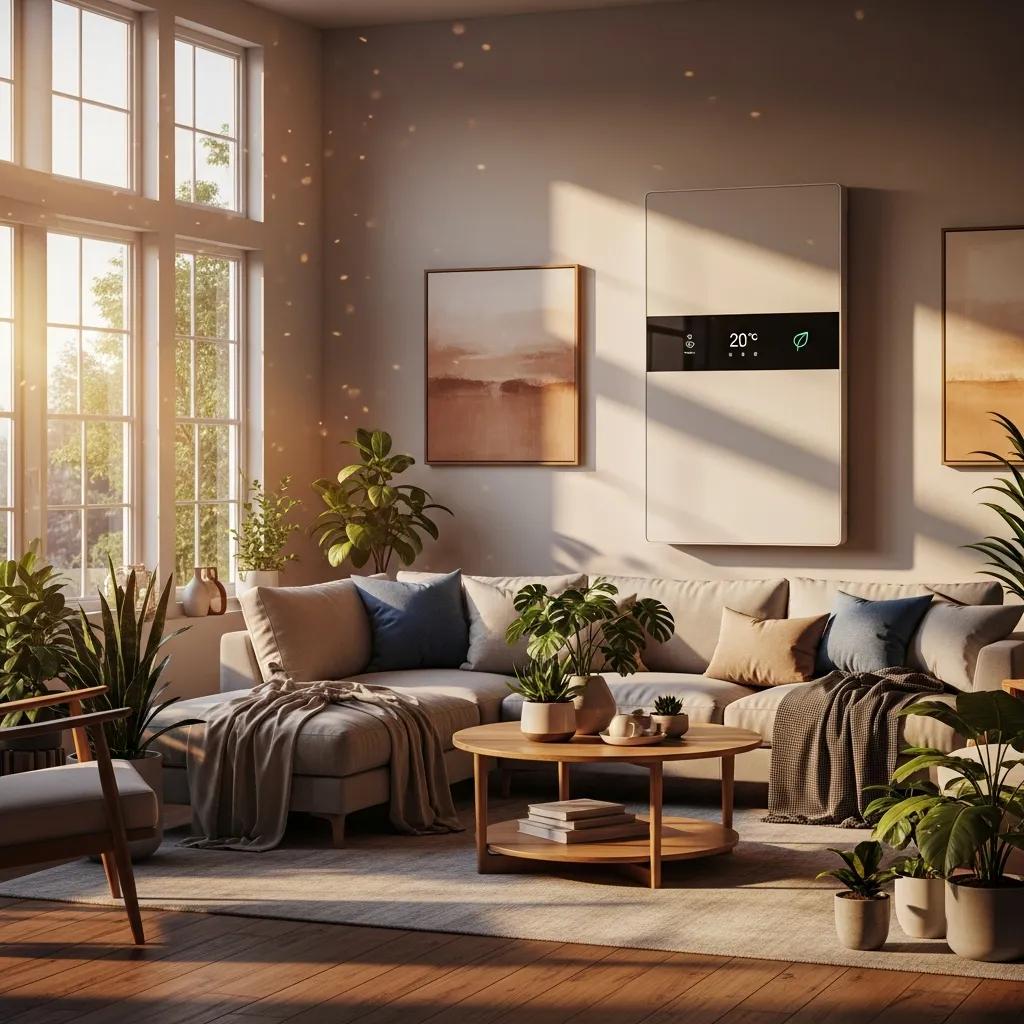 Modern energy-efficient HVAC system in a cozy living room with natural light