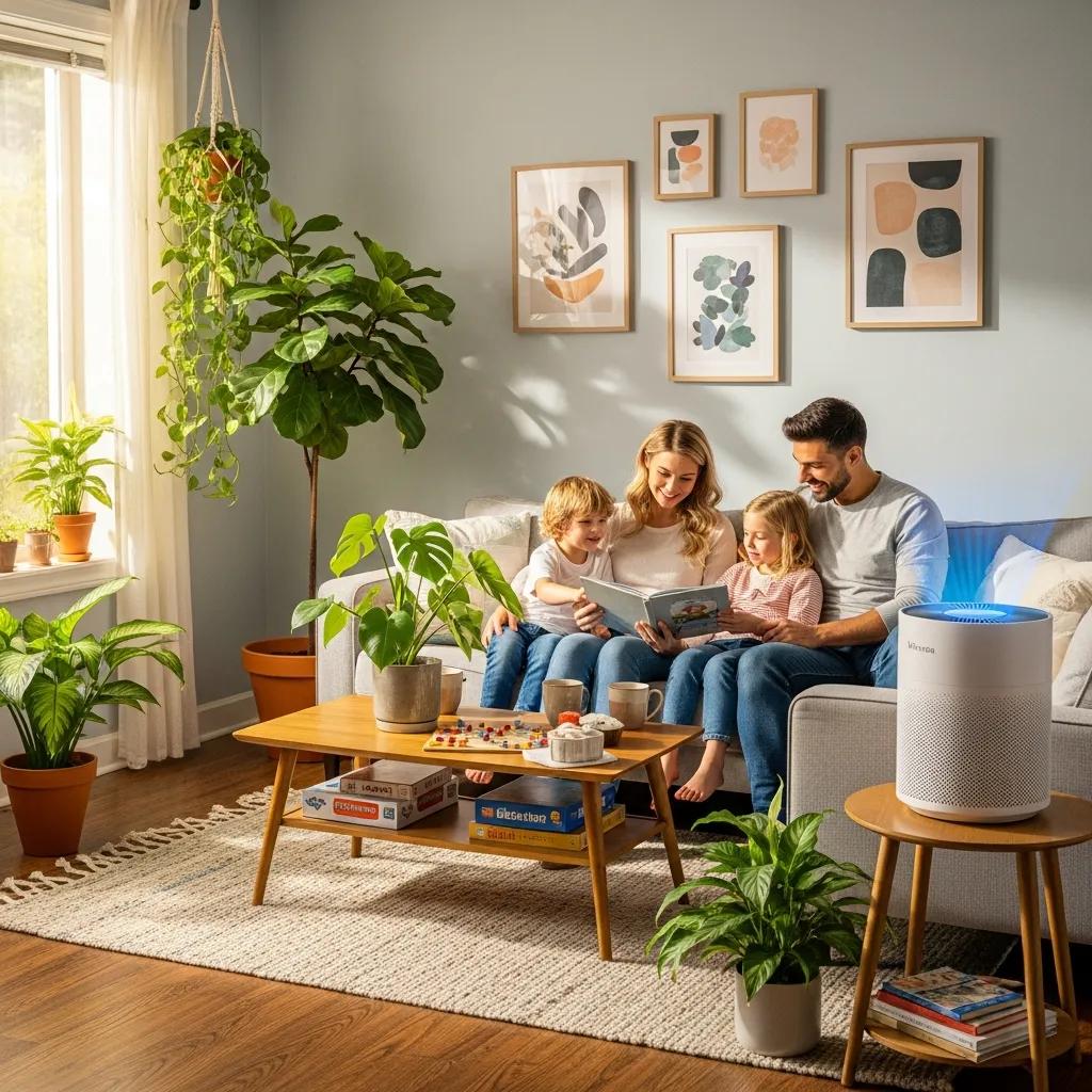 Cozy indoor living space with family enjoying clean air and plants