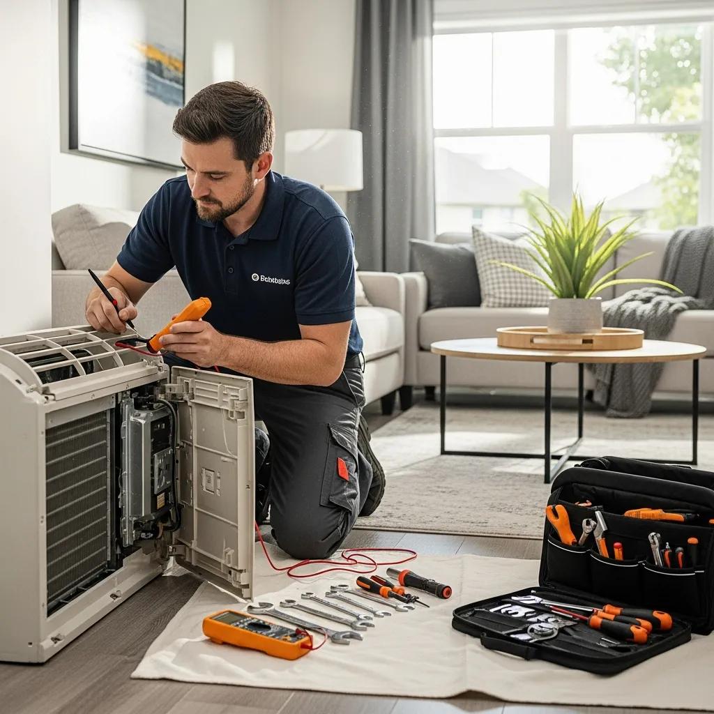 Technician repairing an air conditioning unit in a modern home
