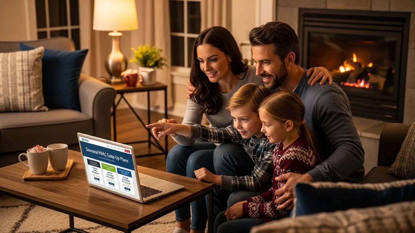 Why Seasonal HVAC Tune-Ups Are Essential 2 Family discussing HVAC maintenance financing options in a cozy living room