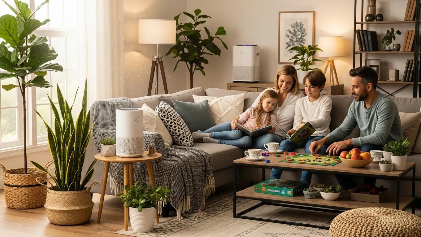 Family enjoying a healthy indoor environment with air purifiers and houseplants